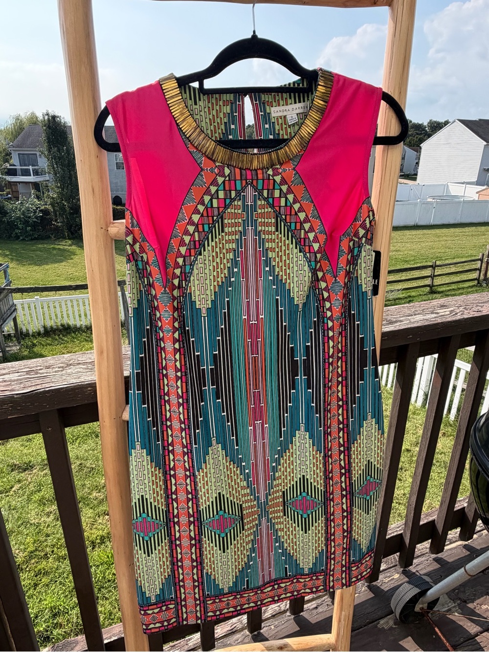 Sandra Darren Sleeveless Geometric Print Shift Dress - Pink & Teal